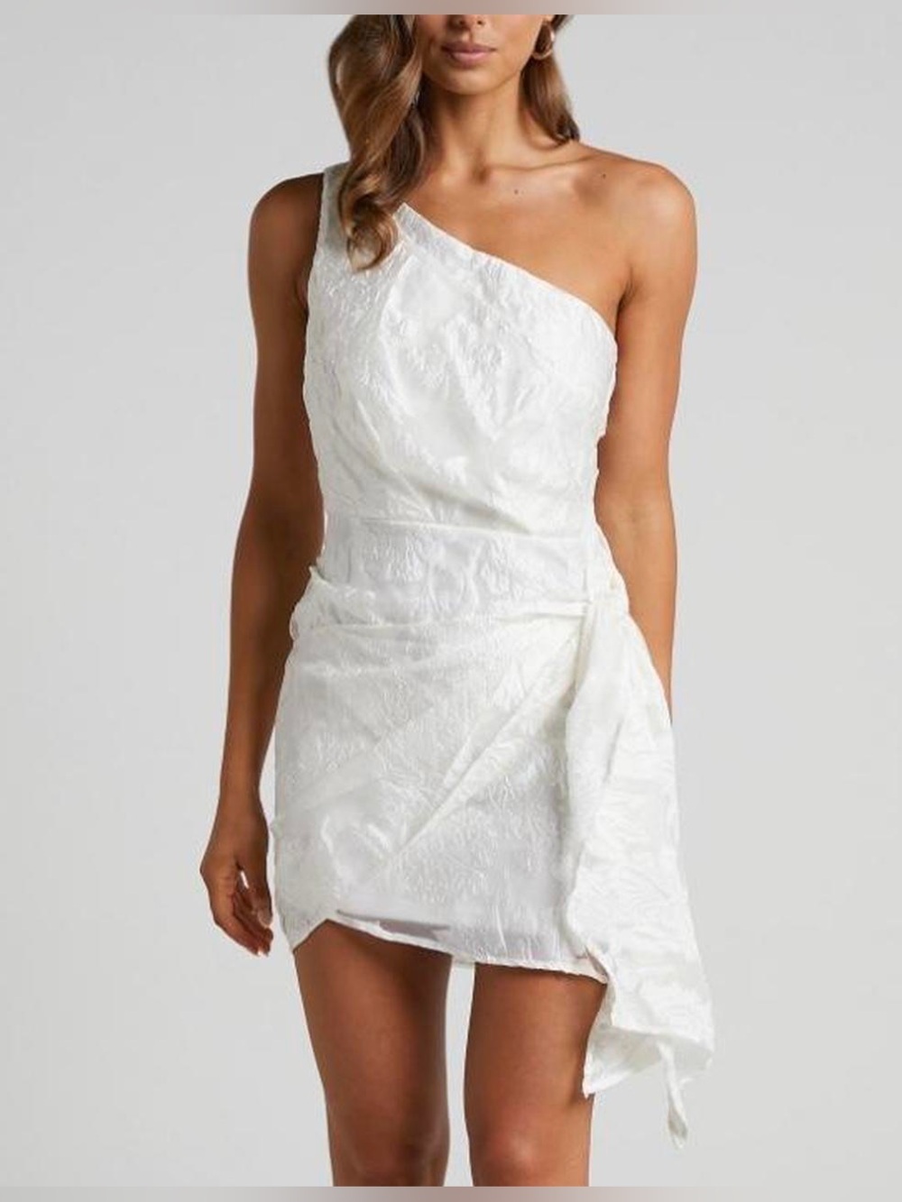 Here Comes the Sun One-Shoulder White Mini Wrap Dress Small